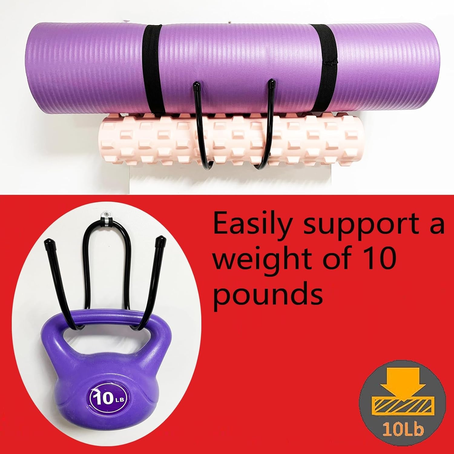 Upgraded Large Yoga Mat Holder Wall Mount, Metal Storage Rack for Yoga Mat/Wheels, Foam Roller Etcs, Wall Rack Organizer Hooks for Hanging Stretching Strap & Resistance Bands, Yoga Room/Home Gym Decor