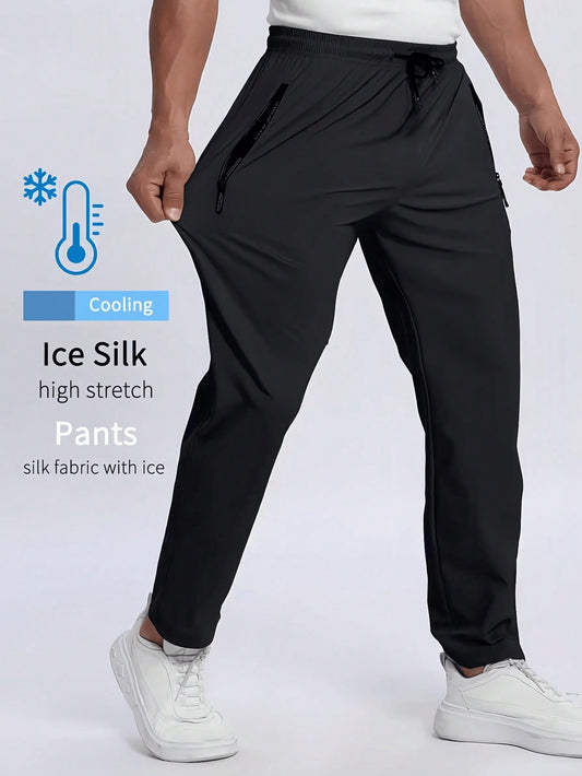 Oversized Loose Men'S Lightweight Breathable Elastic Running Pants, with Zipper Pockets and Drawstring Waistband, Soft and Comfortable Ice Silk Fabric, Solid Color Moisture-Wicking Straight Leg Sweatpants, Suitable for Casual, Outdoor, Workout, Vacation, Fishing