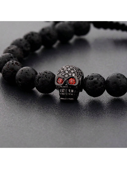 8Mm Volcanic Stone Skull Shaped Adjustable Bracelet for Men, Halloween