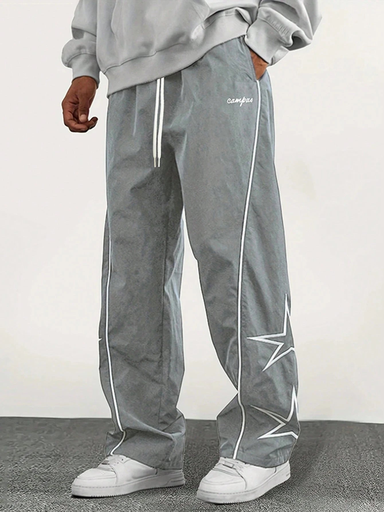 Men'S Star & Letter Print Straight Leg Loose Casual Pants, Versatile College Style, Suitable for All Seasons