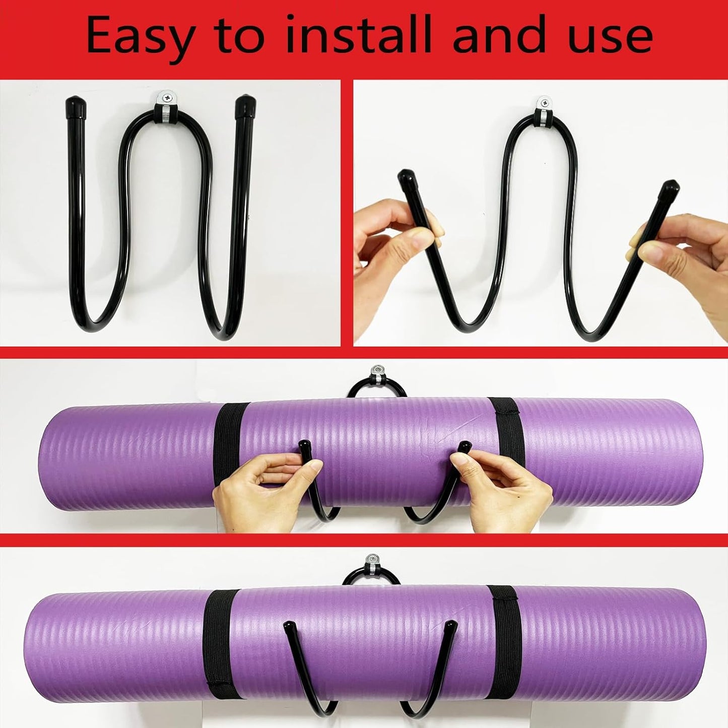 Upgraded Large Yoga Mat Holder Wall Mount, Metal Storage Rack for Yoga Mat/Wheels, Foam Roller Etcs, Wall Rack Organizer Hooks for Hanging Stretching Strap & Resistance Bands, Yoga Room/Home Gym Decor