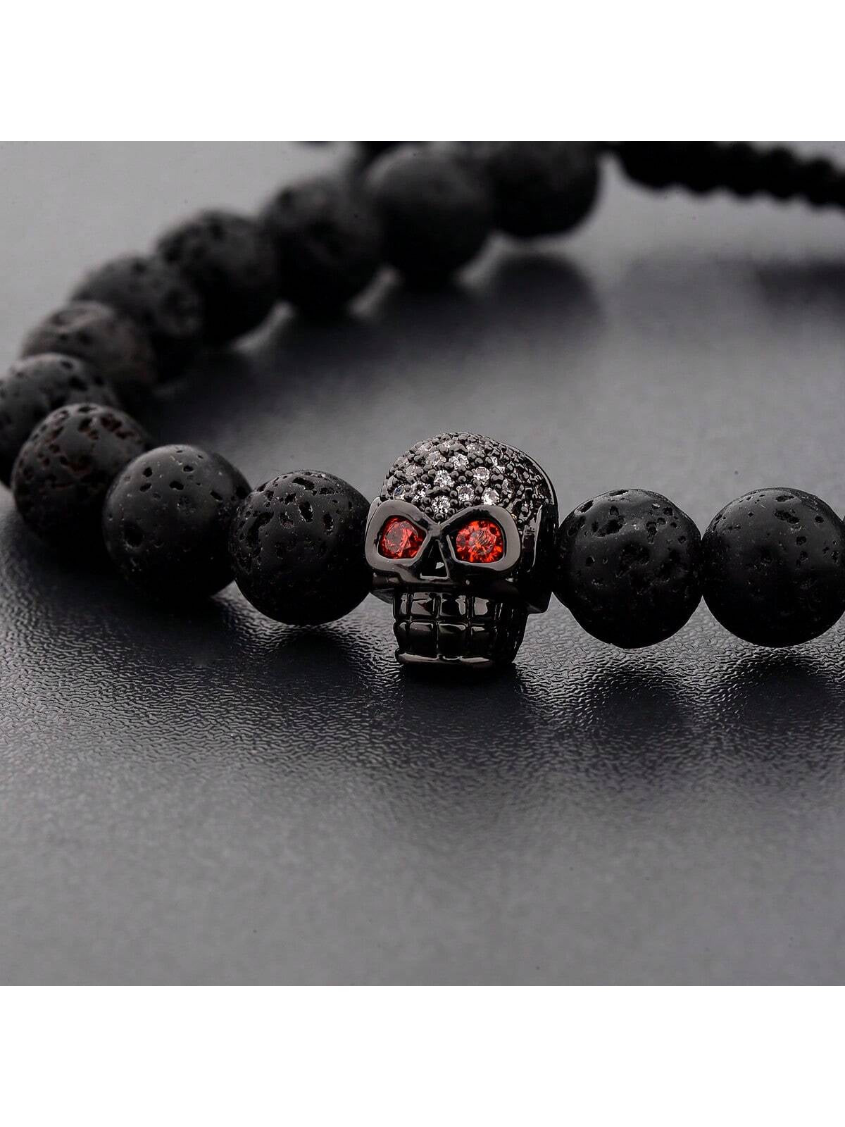 8Mm Volcanic Stone Skull Shaped Adjustable Bracelet for Men, Halloween