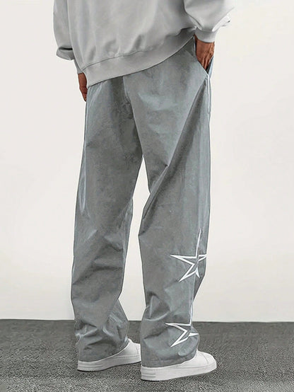 Men'S Star & Letter Print Straight Leg Loose Casual Pants, Versatile College Style, Suitable for All Seasons