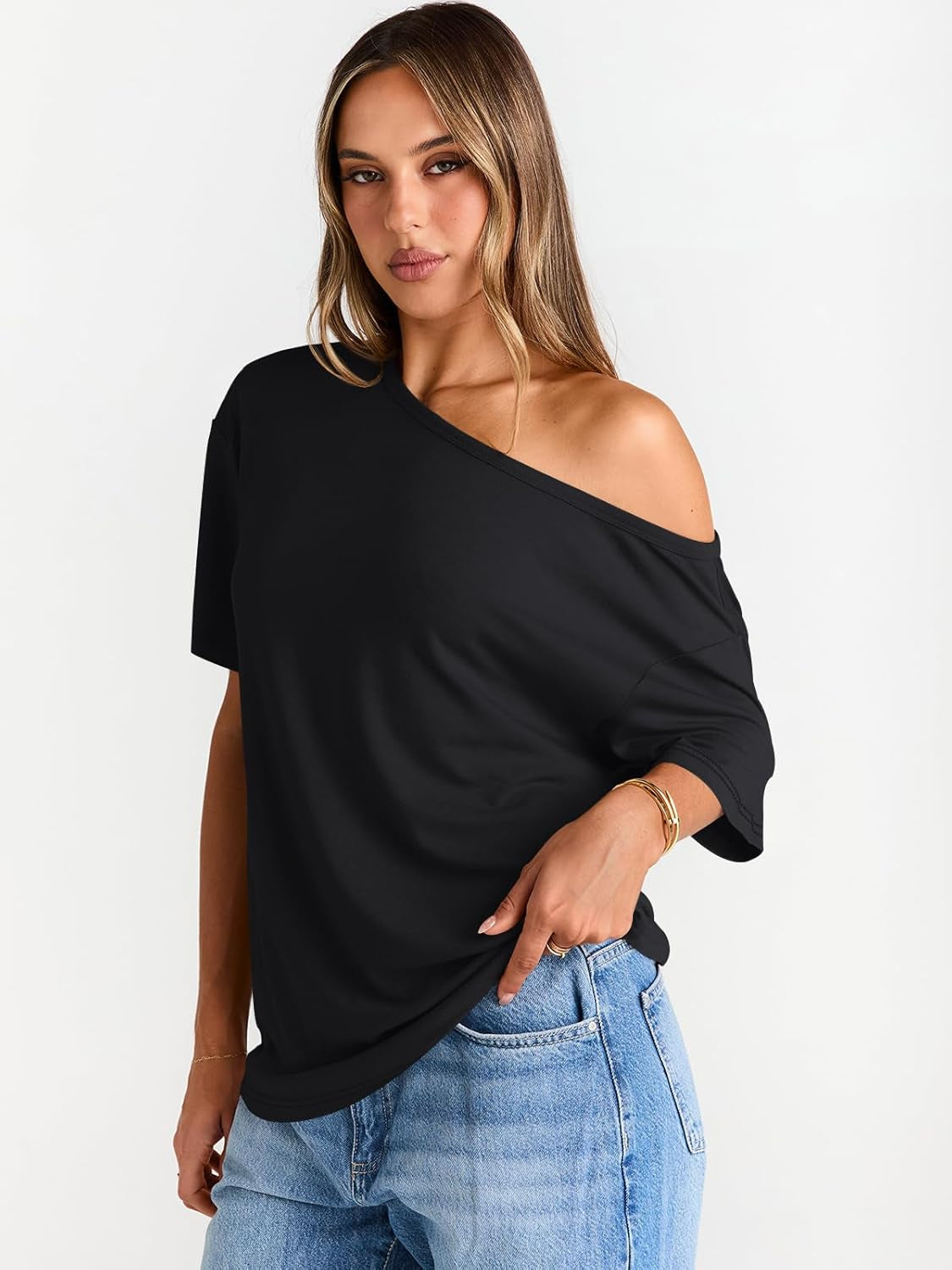 Womens off the Shoulder Tops Oversized T-Shirts Short Sleeve Tees Summer 2025 Casual Spring Fashion Clothes