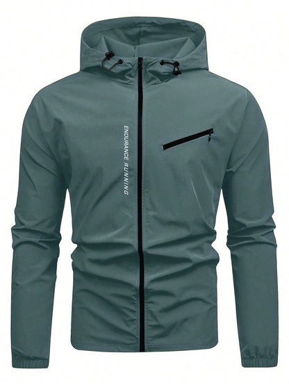 Manfinity Running Men'S Letter Print Drawstring Hooded Sports Jacket Workout Tops Fall Breathable