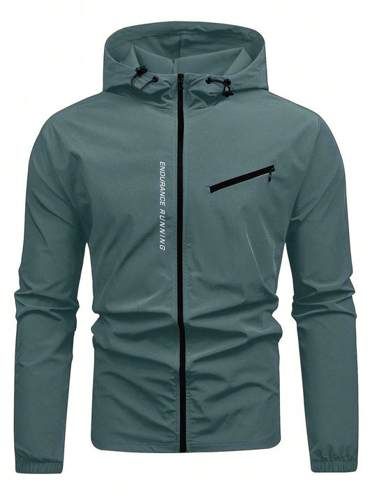 Manfinity Running Men'S Letter Print Drawstring Hooded Sports Jacket Workout Tops Fall Breathable