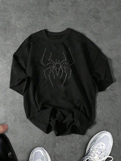 Manfinity Sport Corelite Men'S Botanical Print round Neck Short Sleeve Sports T-Shirt for Summer Workout Clothes Running Tees & Tanks, Black T-Shirt, Spider T-Shirt