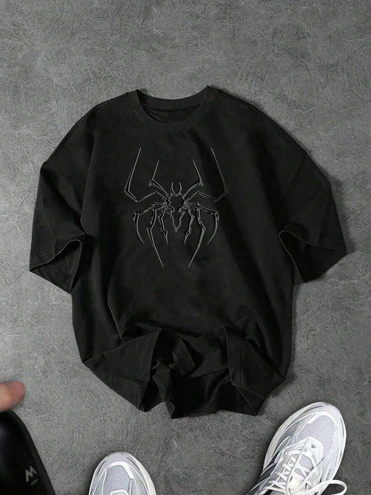 Manfinity Sport Corelite Men'S Botanical Print round Neck Short Sleeve Sports T-Shirt for Summer Workout Clothes Running Tees & Tanks, Black T-Shirt, Spider T-Shirt