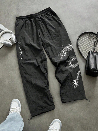Manfinity Sport Corelite Men'S Japanese Dragon Print Drawstring Waist Loose Fit Sport Pants Fall Breathable Comfortable Breathable Pattern Design Baggy for Gym Slacks