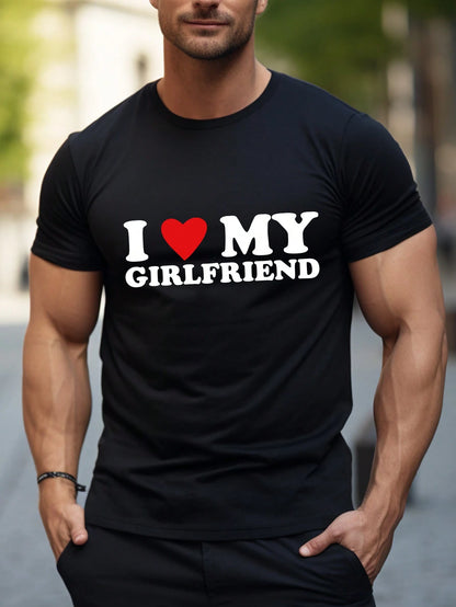 Men Summer Short Sleeve Casual T-Shirt with round Neck T-Shirt - Versatile & Comfortable,Heart & Slogan Valentine'S Day I Love My Wife I Love My Girlfriend Boyfriend Style Casual Wear for Spring/Fall Outdoor Sporty Clothes