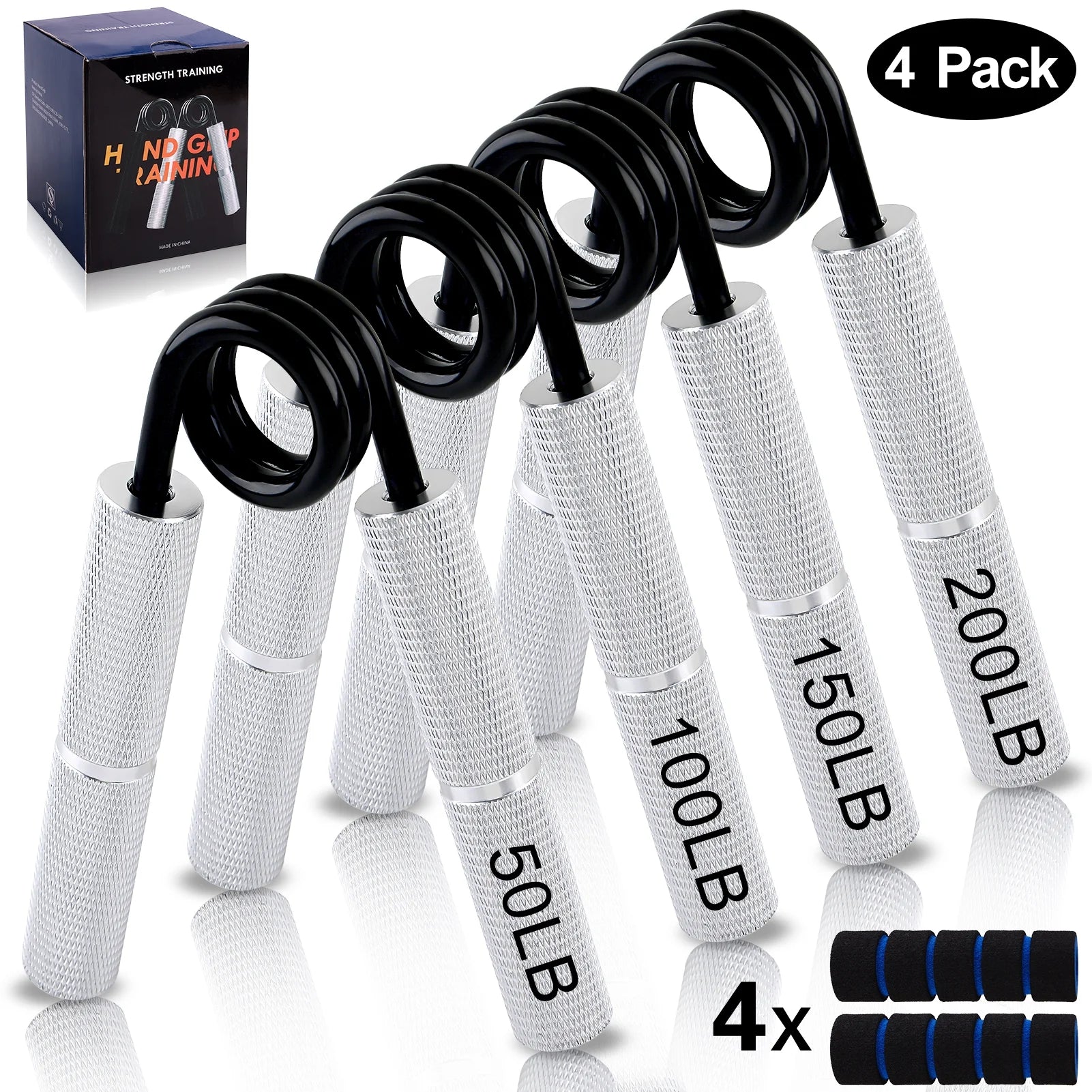 Grip Strength Trainer Set, 50LB-200LB Hand Gripper Strengthener 4 Pack, Metal No Slip Forearm Strengthener Exerciser with Grip Pads for Strength Training, Injury Recovery, Muscle Building