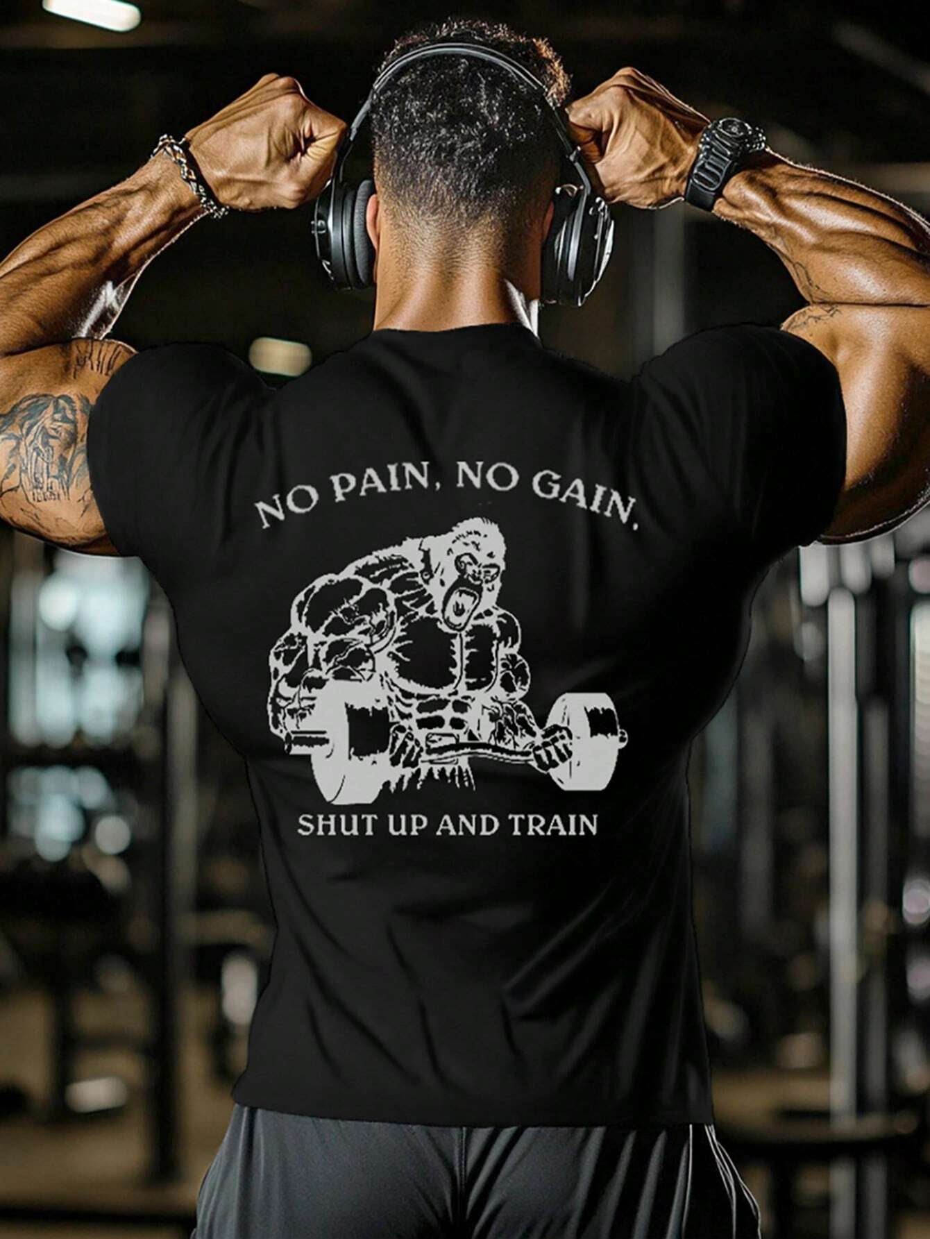 Manfinity Sport PWRUP Boyfriend Style Men'S Animal Slogan Print Short Sleeve Active T-Shirt, for Gym, Gym T Shirt Men, Gym Tees, Black Gym Shirt Workout Tops Gym Top Breathable