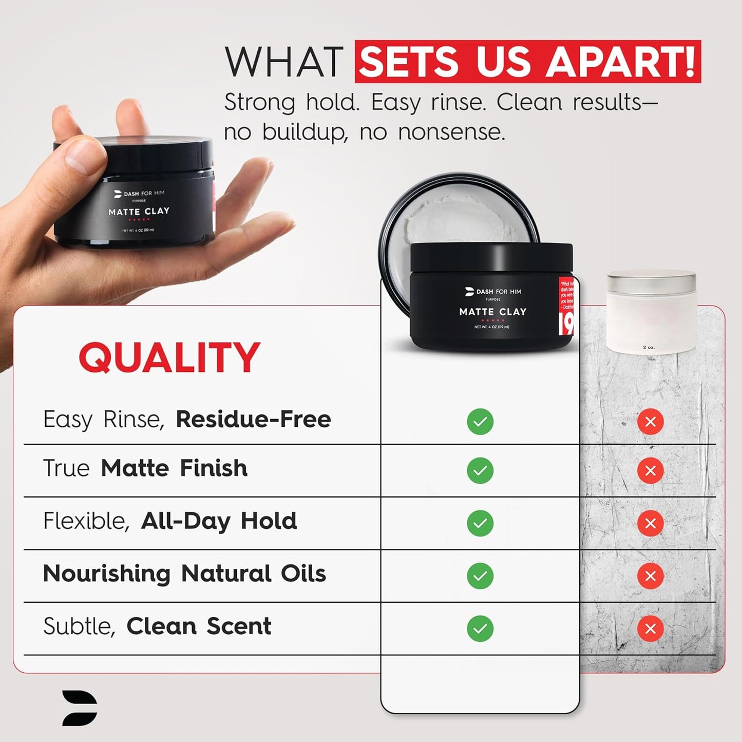 Hair Clay for Men – Matte Finish | Medium Hold, Adds Volume & Texture | Clean Ingredients, Non-Greasy & Easy to Wash Out | Barber-Grade Men’S Styling Clay | Made in the USA – 2Oz