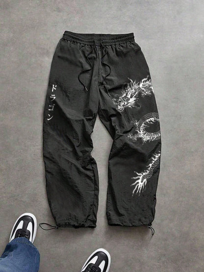 Manfinity Sport Corelite Men'S Japanese Dragon Print Drawstring Waist Loose Fit Sport Pants Fall Breathable Comfortable Breathable Pattern Design Baggy for Gym Slacks