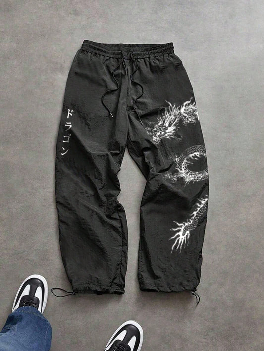 Manfinity Sport Corelite Men'S Japanese Dragon Print Drawstring Waist Loose Fit Sport Pants Fall Breathable Comfortable Breathable Pattern Design Baggy for Gym Slacks