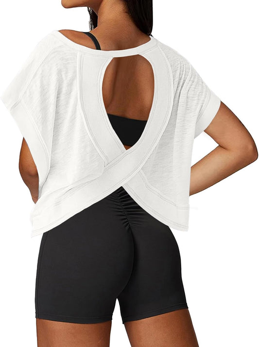 Open Back Workout Tops for Women Loose Fit Athletic Crop Tee Short Sleeve Gym Running Yoga Shirt