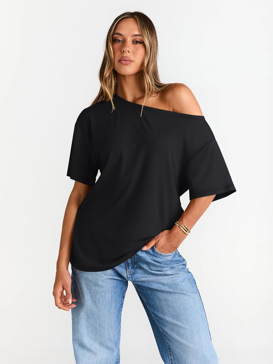 Womens off the Shoulder Tops Oversized T-Shirts Short Sleeve Tees Summer 2025 Casual Spring Fashion Clothes