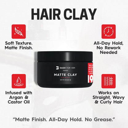Hair Clay for Men – Matte Finish | Medium Hold, Adds Volume & Texture | Clean Ingredients, Non-Greasy & Easy to Wash Out | Barber-Grade Men’S Styling Clay | Made in the USA – 2Oz