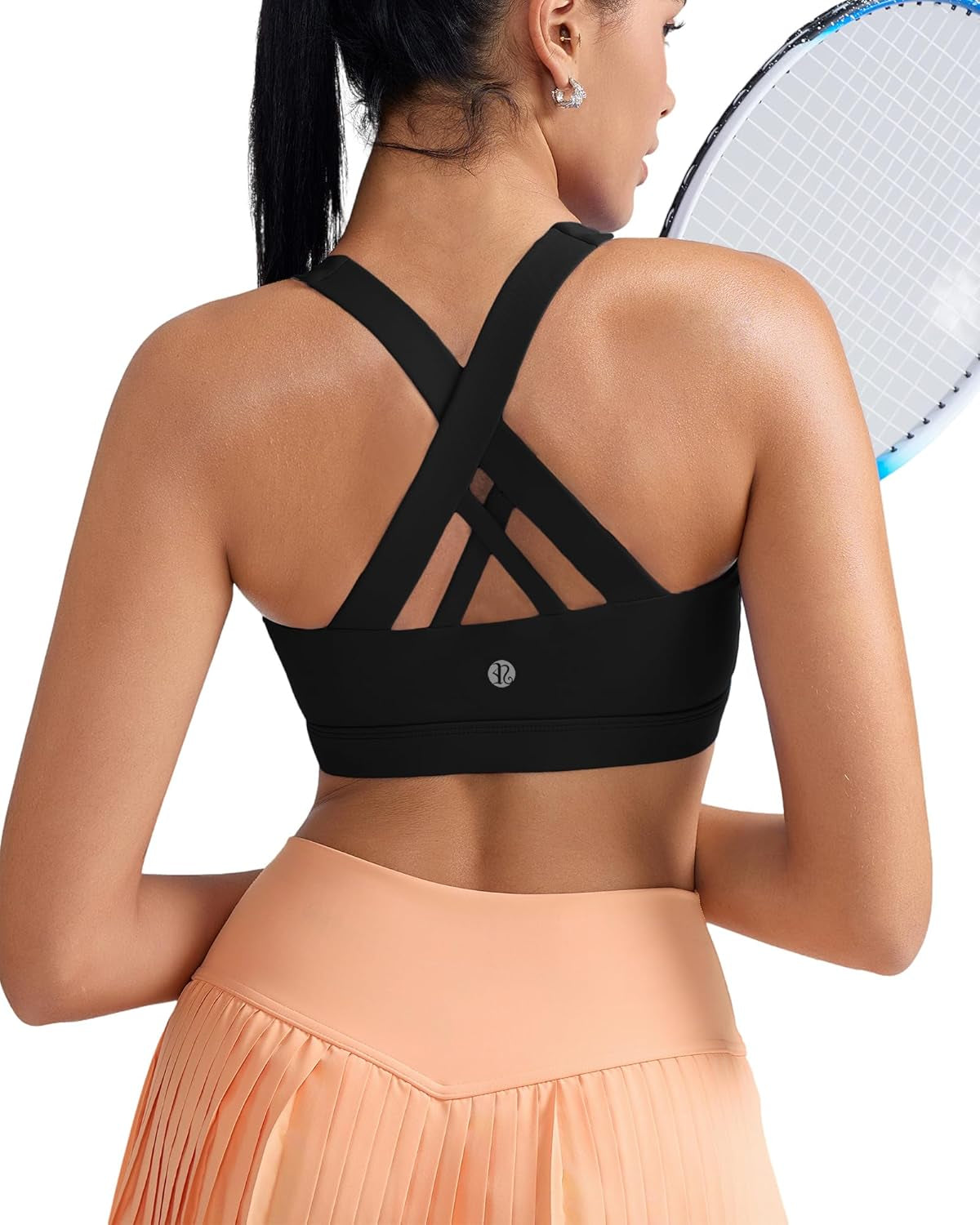 Sports Bra for Women, Criss-Cross Back Padded Strappy Sports Bras Medium Support Yoga Bra with Removable Cups