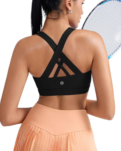 Sports Bra for Women, Criss-Cross Back Padded Strappy Sports Bras Medium Support Yoga Bra with Removable Cups