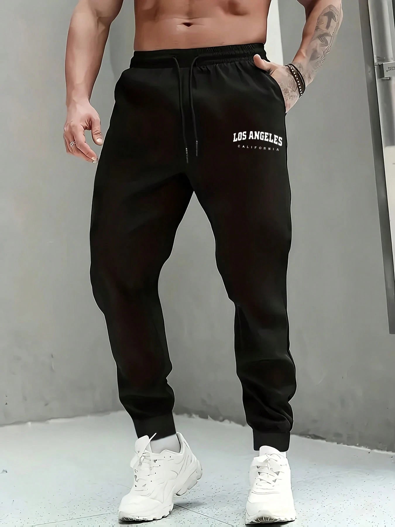 1PC Men'S Drawstring Waist Solid Color Sweatpants Long Printed Sweatpants Plain Black Fitness Basics